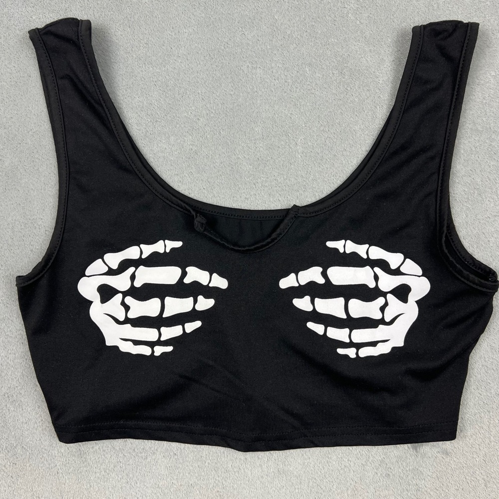 Black Skeleton Hands Graphic Crop Tank Top Sleeveless Scoop Neck Stretch Goth